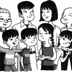 Asian Family black and white illustration