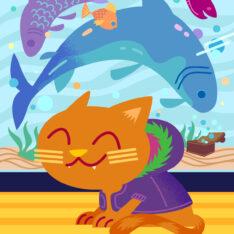 Book cover: Grinning cat in a winter coat in front of an aquarium full of large fish
